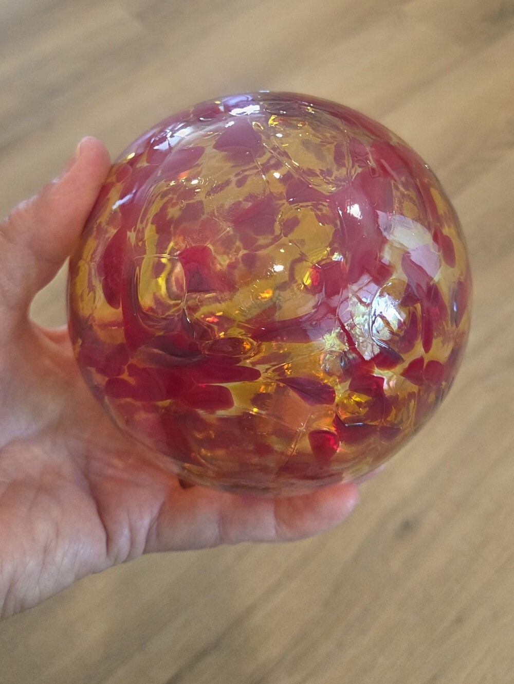 Hand Blown Art Glass Ornament Poland Gold Red Swirl Friendship Ball  Ornament
